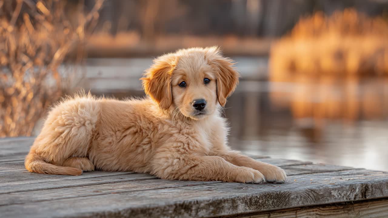 Golden Retriever Puppy Relaxing by the Water, Surrounded by Nature in a Serene and Beautiful Outdoor Setting Showcasing Its Playful yet Calm Personality