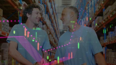 animación del procesamiento de datos financieros sobre diversos voluntarios en el almacén