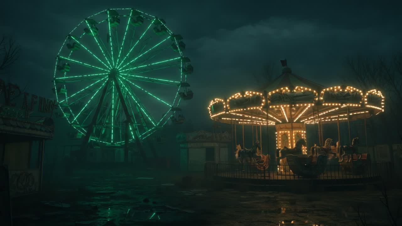 Abandoned Carnival: Enigmatic Atmosphere of the Ferris Wheel and Carousel Amidst Dark Clouds and Eerie Silence in a Forgotten Amusement Park
