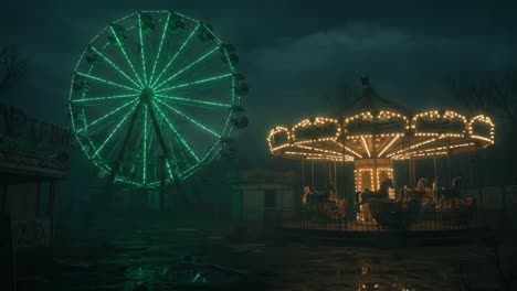 abandoned carnival: enigmatic atmosphere of the ferris wheel and carousel amidst dark clouds and eerie silence in a forgotten amusement park
