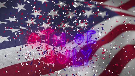 Animation-of-text,-4th-of-july,-and-red,-white-and-blue-confetti-falling-over-waving-american-flag