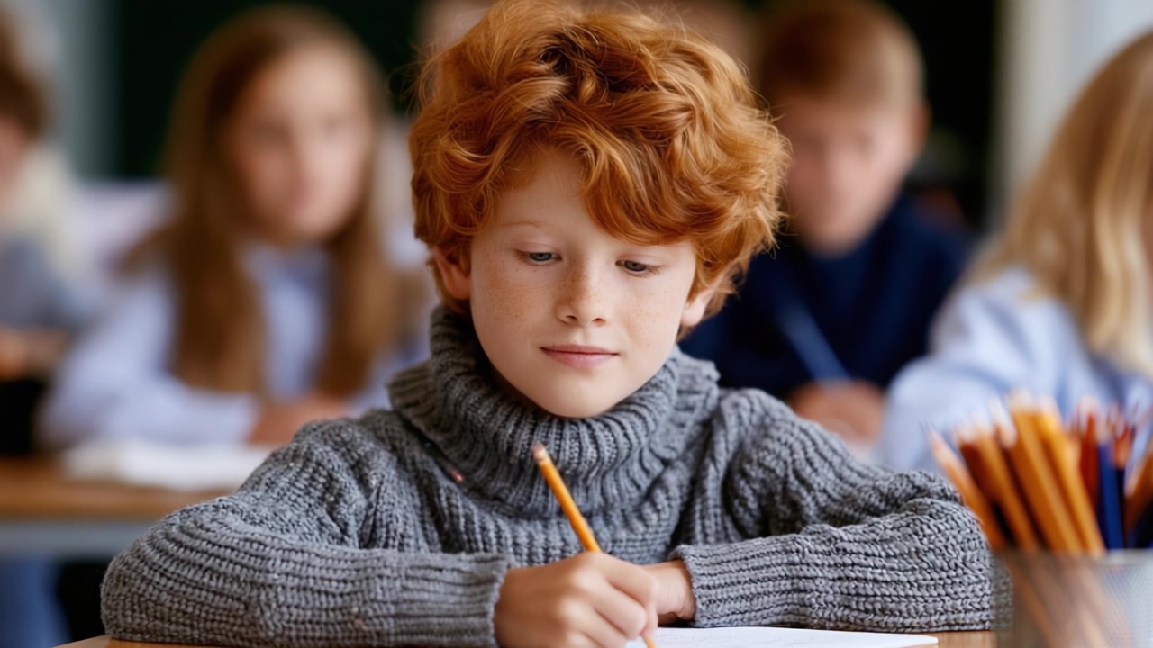Uno studente concentrato impegnato nell'apprendimento: un giovane ragazzo con i capelli rossi scrive diligentemente in classe circondato dai compagni di classe in un ambiente educativo luminoso.