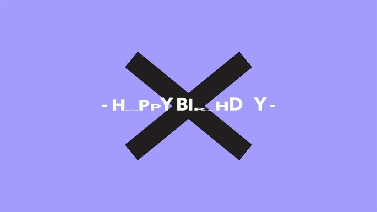 动画介绍文本生日快乐在紫色时尚和极简主义背景与几何十字