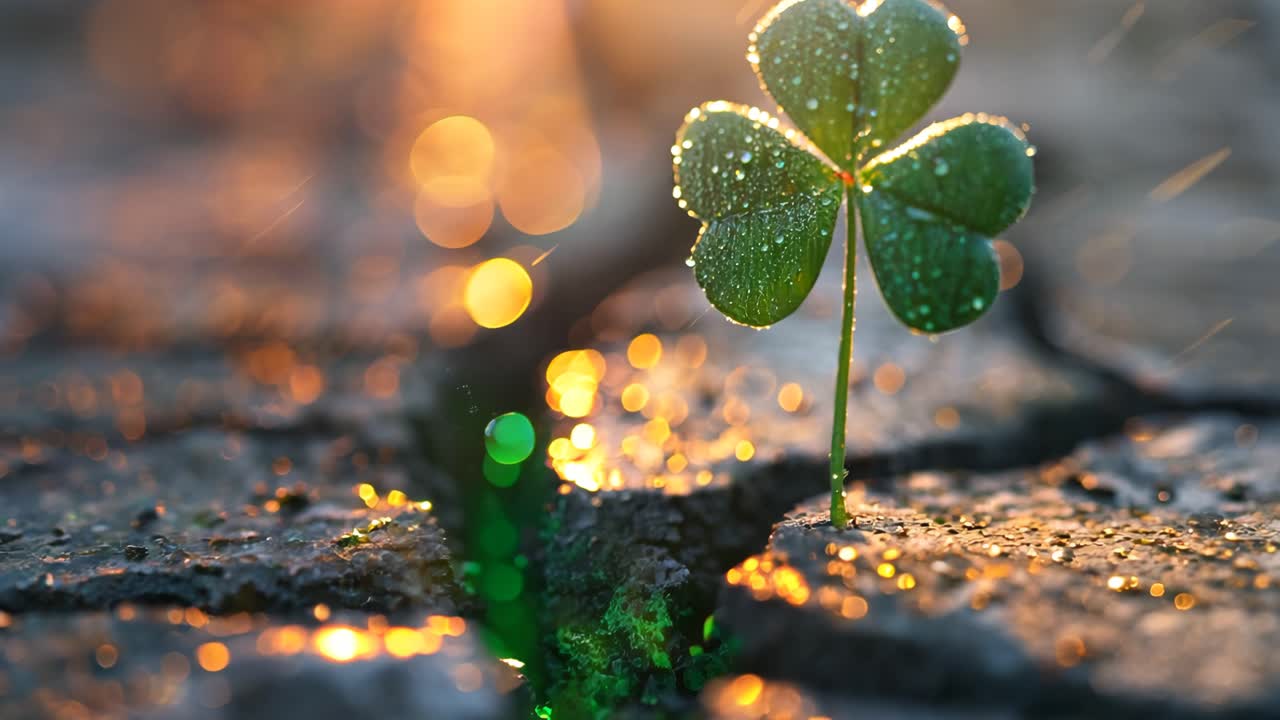 A green leaf is growing out of a crack in a rock. The crack is surrounded by a green glow, giving the impression of a fairy tale