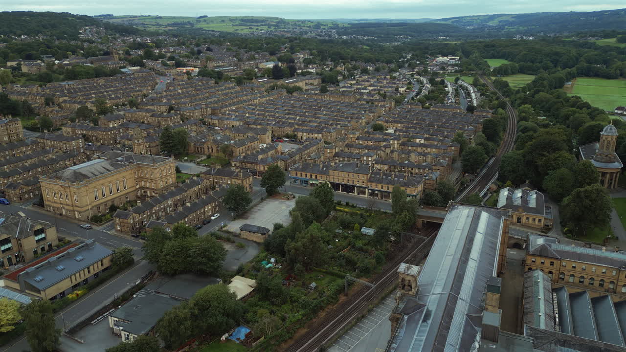 Establishing Drone Shot Looking Over Saltaire Village