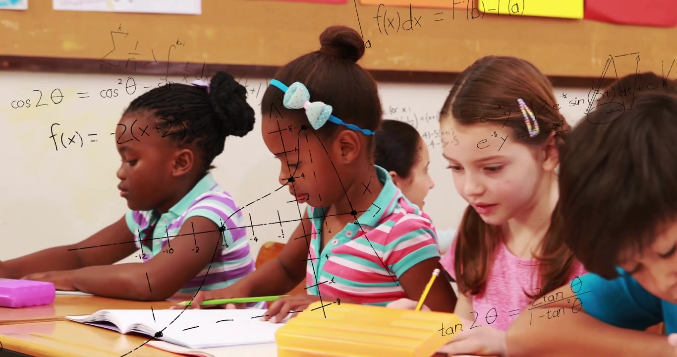 Camera panning over boy writing revealing peers writing with math graphs solving functions