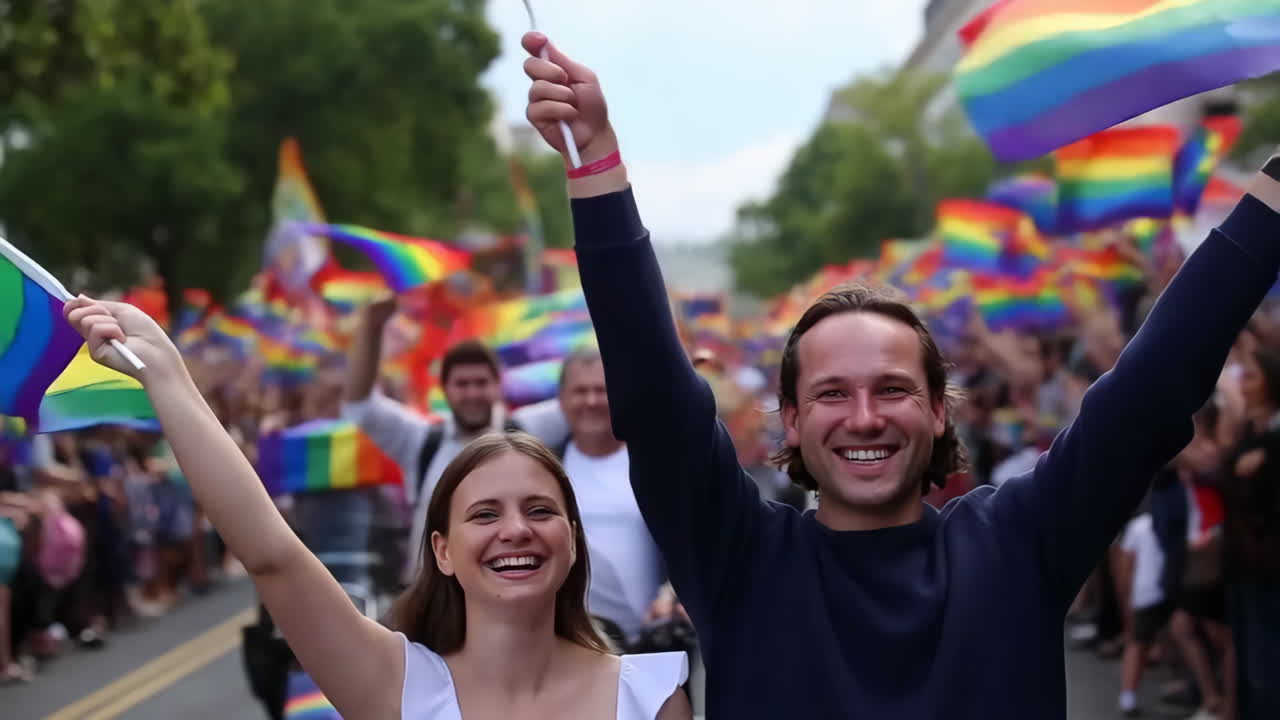 People celebrating at a lively Pride parade with rainbow flags