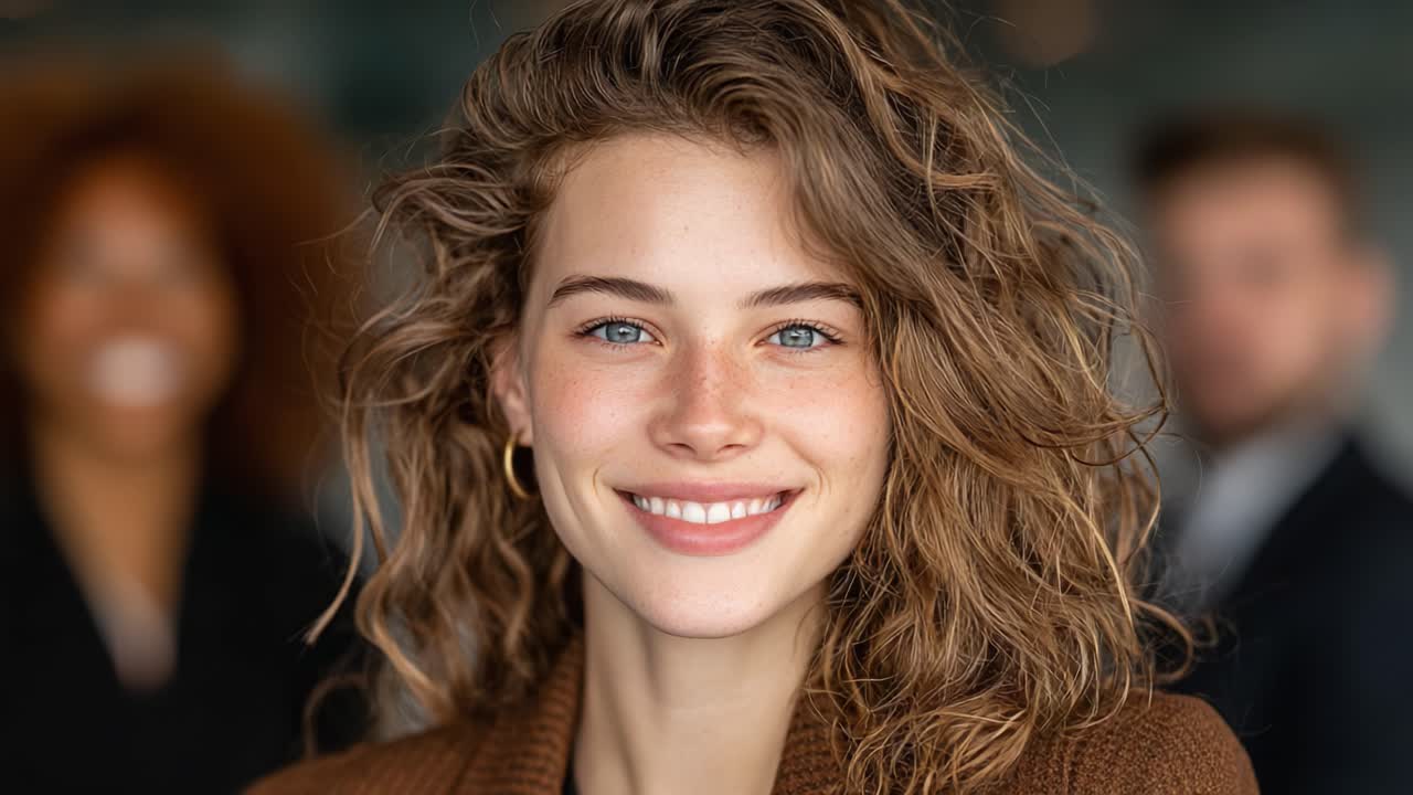 A Bright Smiling Woman with Beautiful Curly Hair Against a Blurred Background of Friends Portraying Confidence and Happiness in a Group Setting
