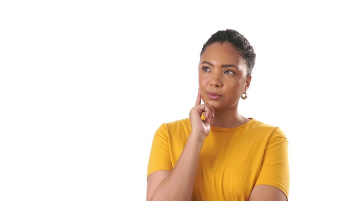 Thinking, mockup and woman by a wall in a isolated