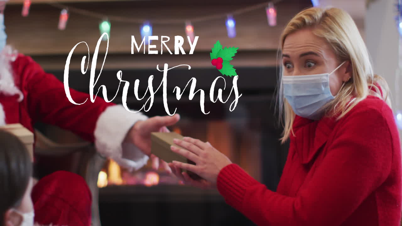 코로나19 세포의 애니메이션으로 얼굴 마스크를 입은 산타클로스가 얼굴 마스크를 입은 여성에게 선물을 주는 장면