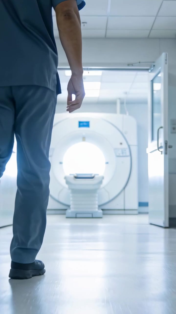 Video verticale: Uomo in divisa medica che entra nel corridoio dell'ospedale, cammina verso lo scanner, controlla, con spazio per il testo.
