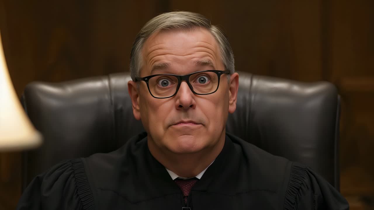 Blinking judge in black robe and specs focusing and listening to offscreen testimony at bench