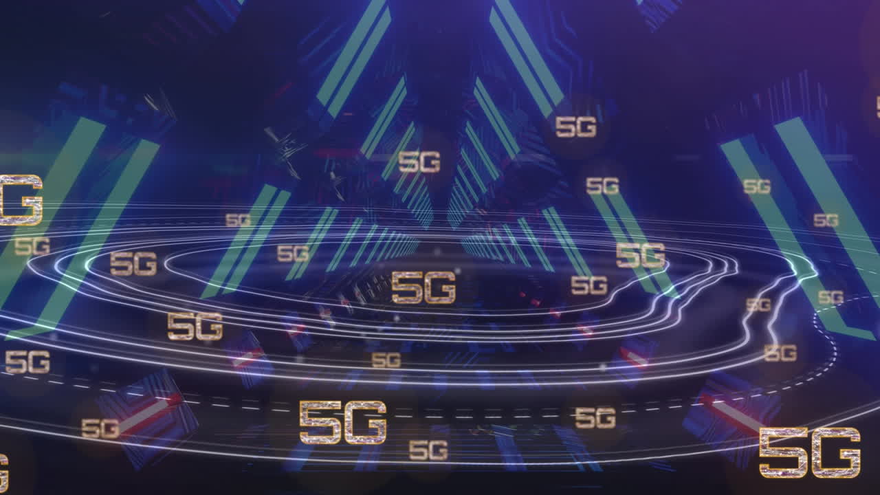 다중 5g 텍스트 배너의 애니메이션은 네온 파란 터널을 상징하는 토포그래피를 통해 원활한 패턴으로 표시됩니다.