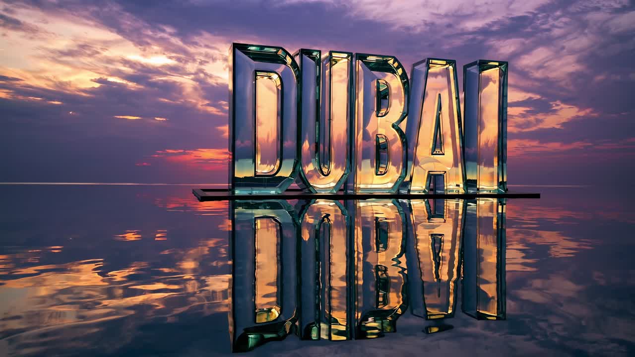 Dubai City at Sunset, Glass Typography Reflection