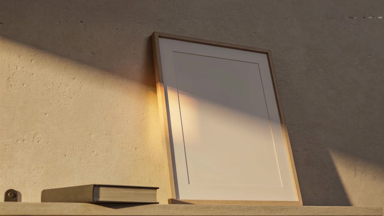 Luz solar entrando pelo canto do quarto, iluminando porta-retratos na prateleira com um livro fechado