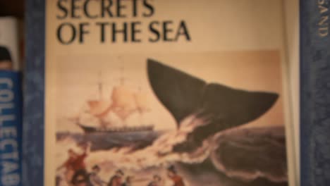 a dolly shot pulling out from the title and front cover of a novel secrets of the sea, the book on a bookshelf in a bookstore