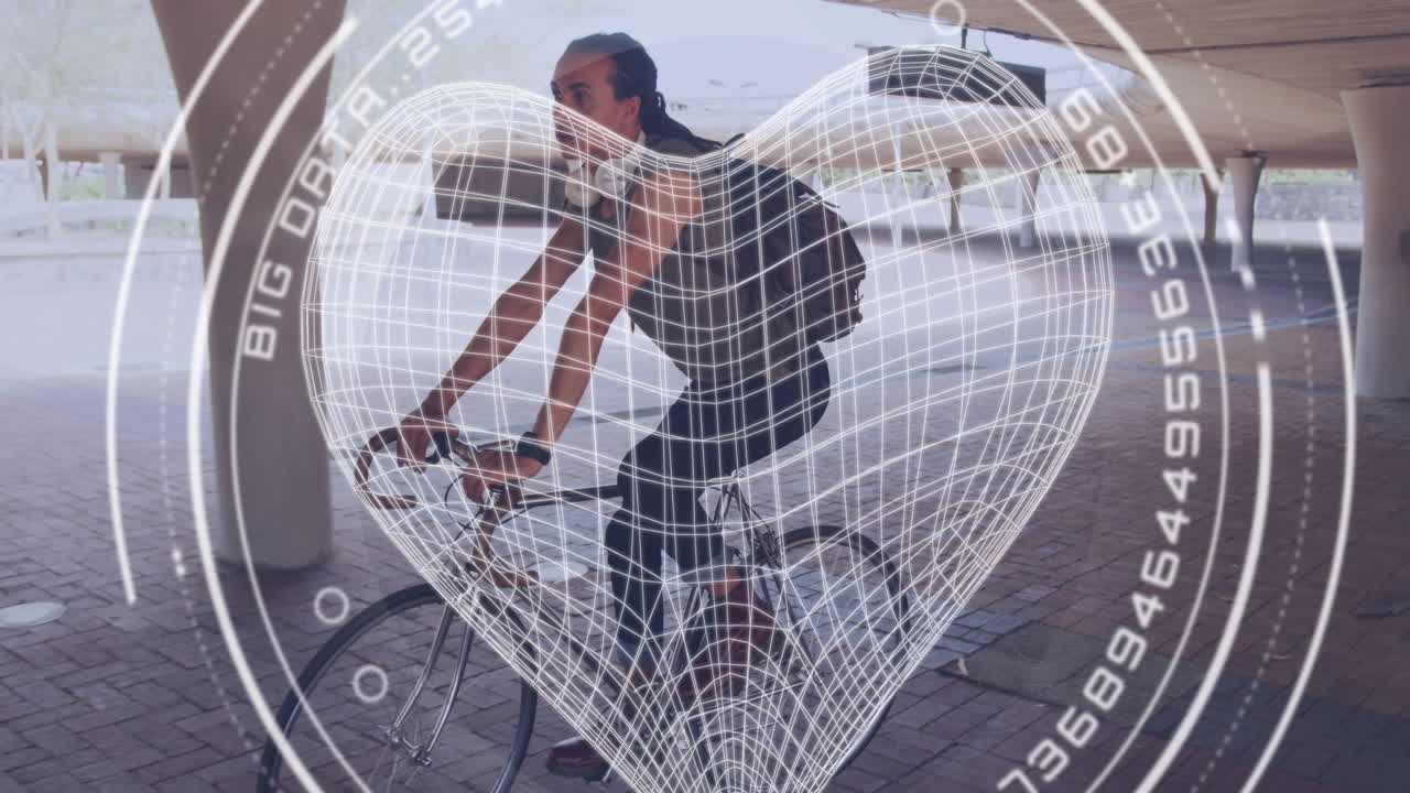 animación del corazón y los datos sobre el ciclista masculino biracial en bicicleta