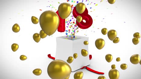Animation-of-gold-balloons-over-white-gift-box-opening-releasing-colourful-confetti-and-number-18
