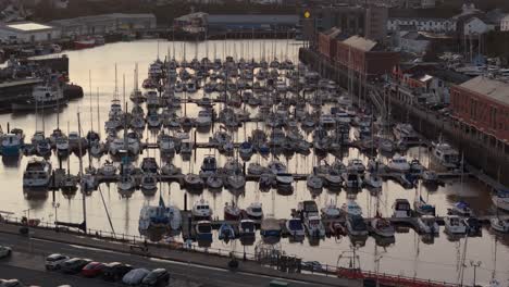 crowded marina at milford waterfront, pembrokeshire, boats docked in the water