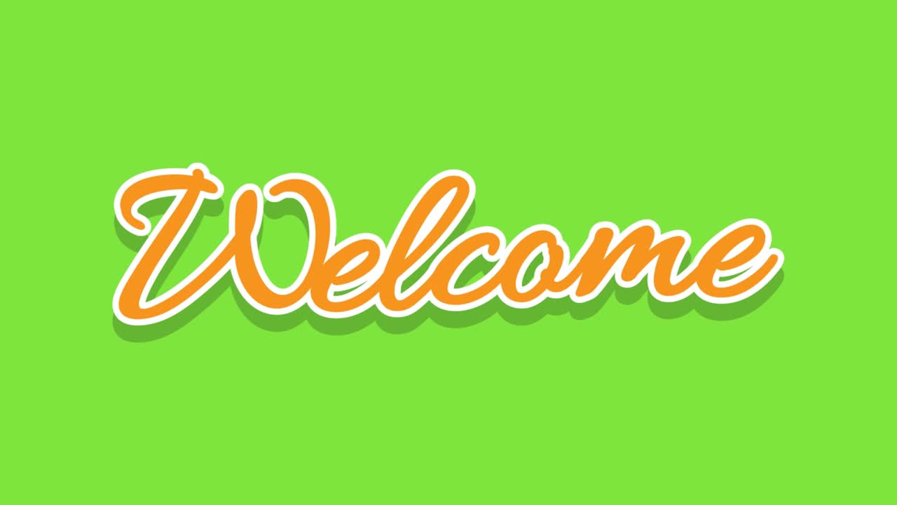 The word Welcome. Animated banner with the text in various colors on green background, chroma key
