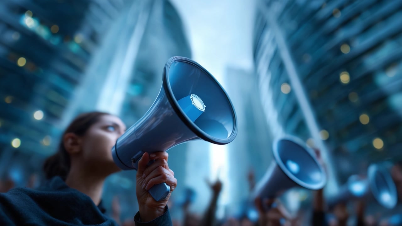 Attivisti alzano la voce per il cambiamento nel centro città con megafoni, esortando all'azione e alla consapevolezza sui problemi sociali tra alti edifici di vetro e folle