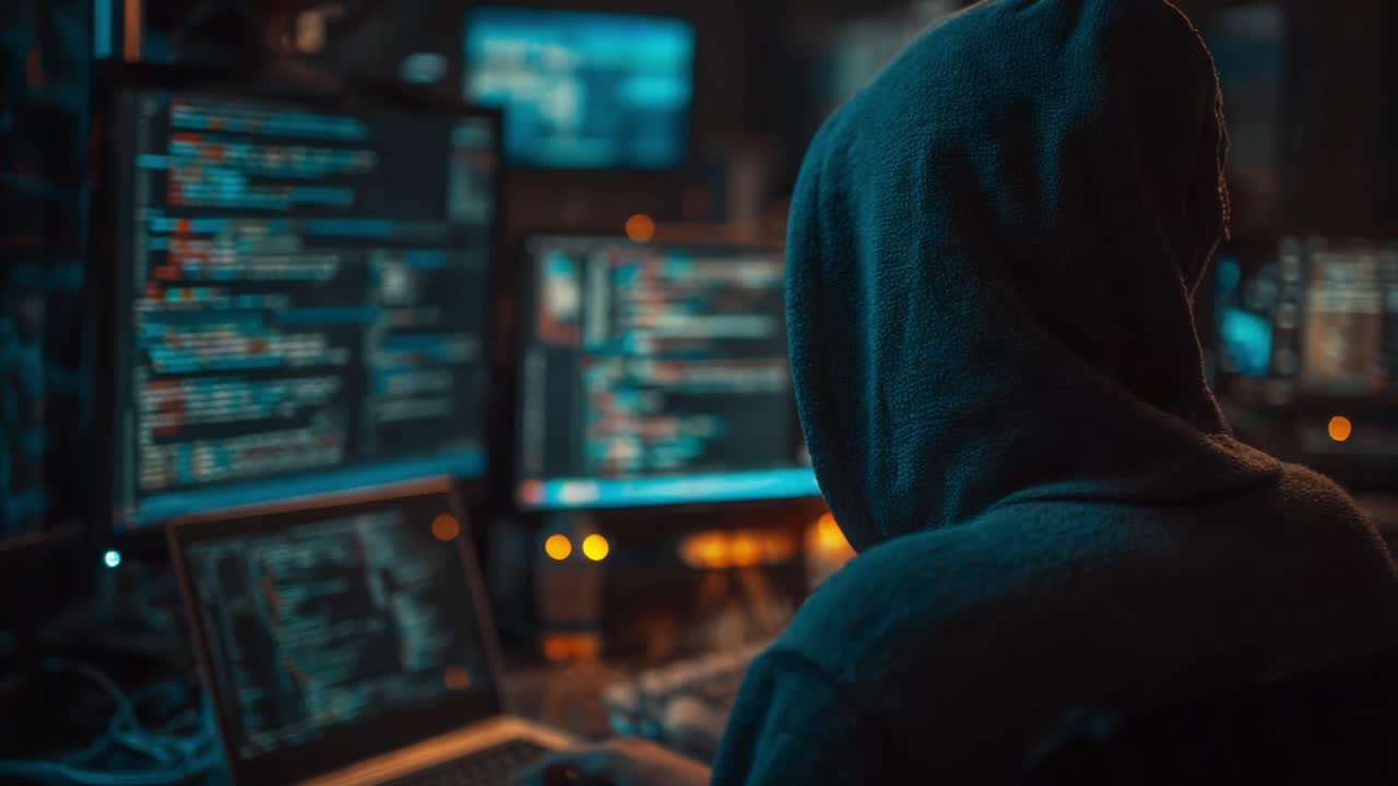 A Mysterious Individual Engaged in Computing Activities Surrounded by Multiple Monitors Displaying Lines of Code in a Dimly Lit Environment