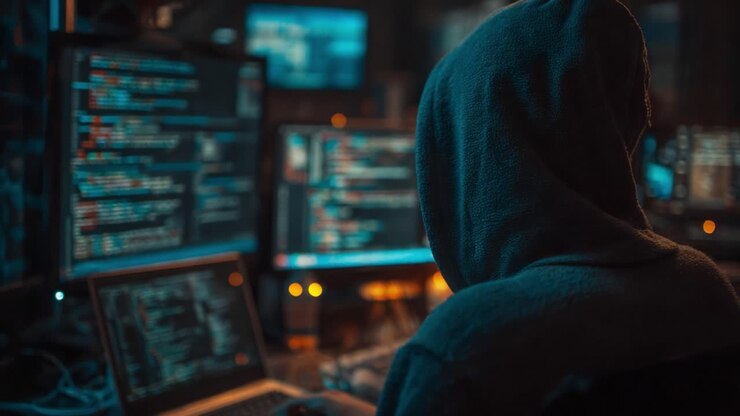 Un individuo misterioso impegnato in attività informatiche, circondato da diversi monitor che mostrano righe di codice in un ambiente scarsamente illuminato