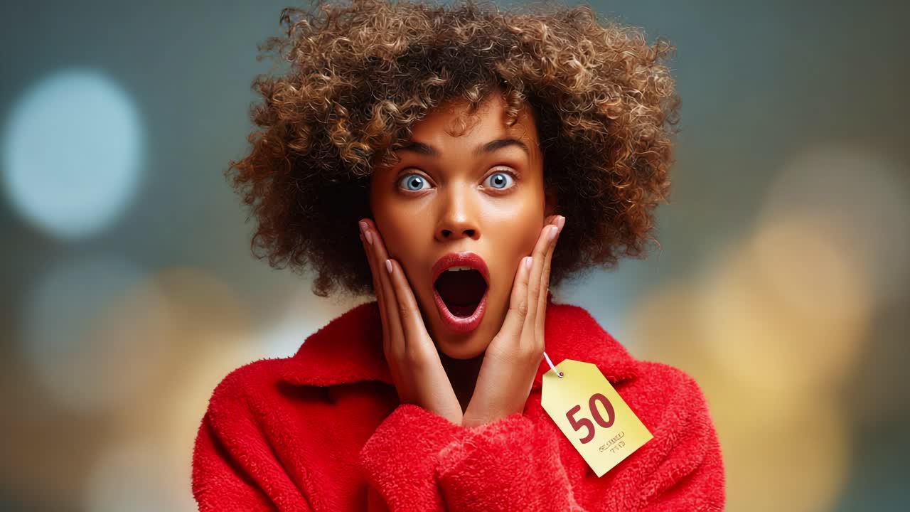 Surprised Woman in Red Sweater with Tag Shows Excitement and Emotion in Two Frames, Capturing the Transformation from Shocked to Happy Expression