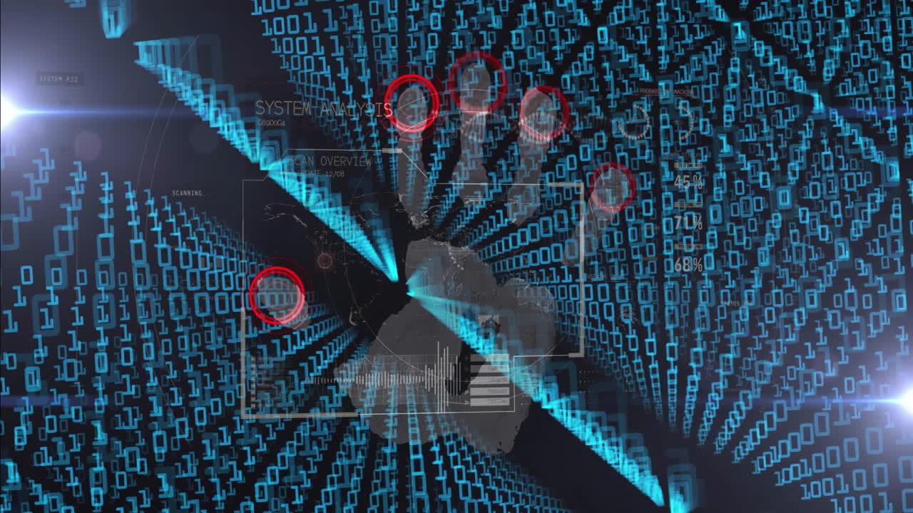 Binary code and fingerprint scanning animation over digital security interface