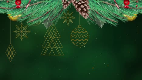 Weihnachtskranzdekoration-Vor-Hängenden-Weihnachtsdekorationen-Auf-Grünem-Hintergrund