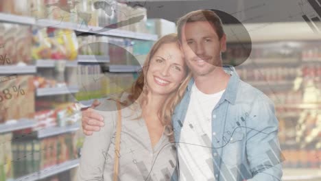 financial data processing against couple smiling in grocery store