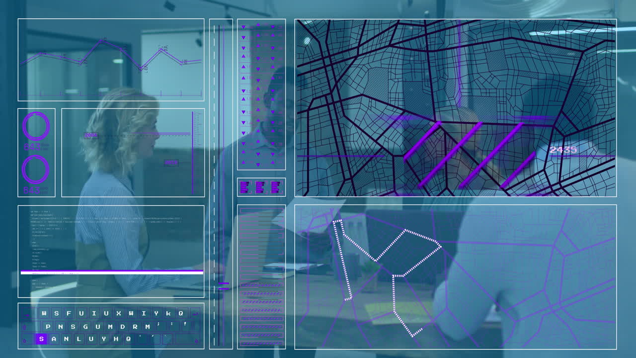 Animation of financial data processing over diverse business people working at office