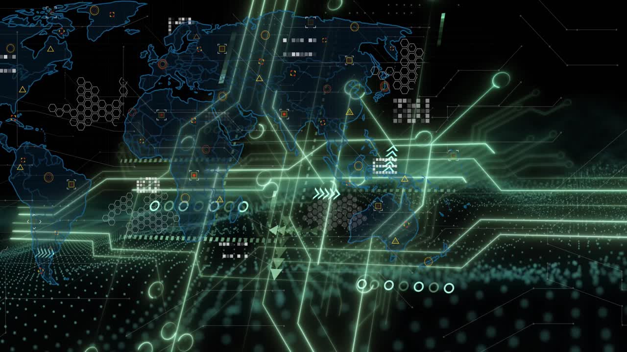 검은색 배경의 지도에 대한 회로판 패턴 위의 부하 원의 애니메이션