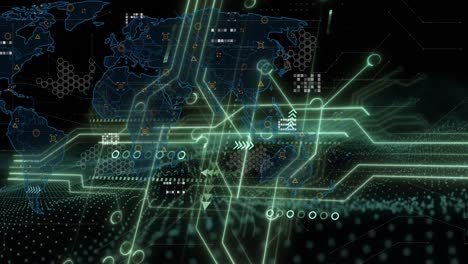 animation of loading circles over circuit board pattern against map on black background