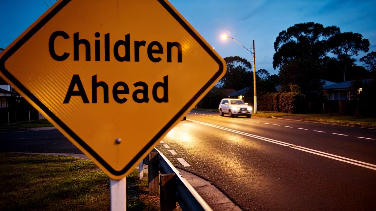 Segnale giallo luminoso 'Bambini' lasciato su una strada residenziale con auto in arrivo che creano abbagliamento