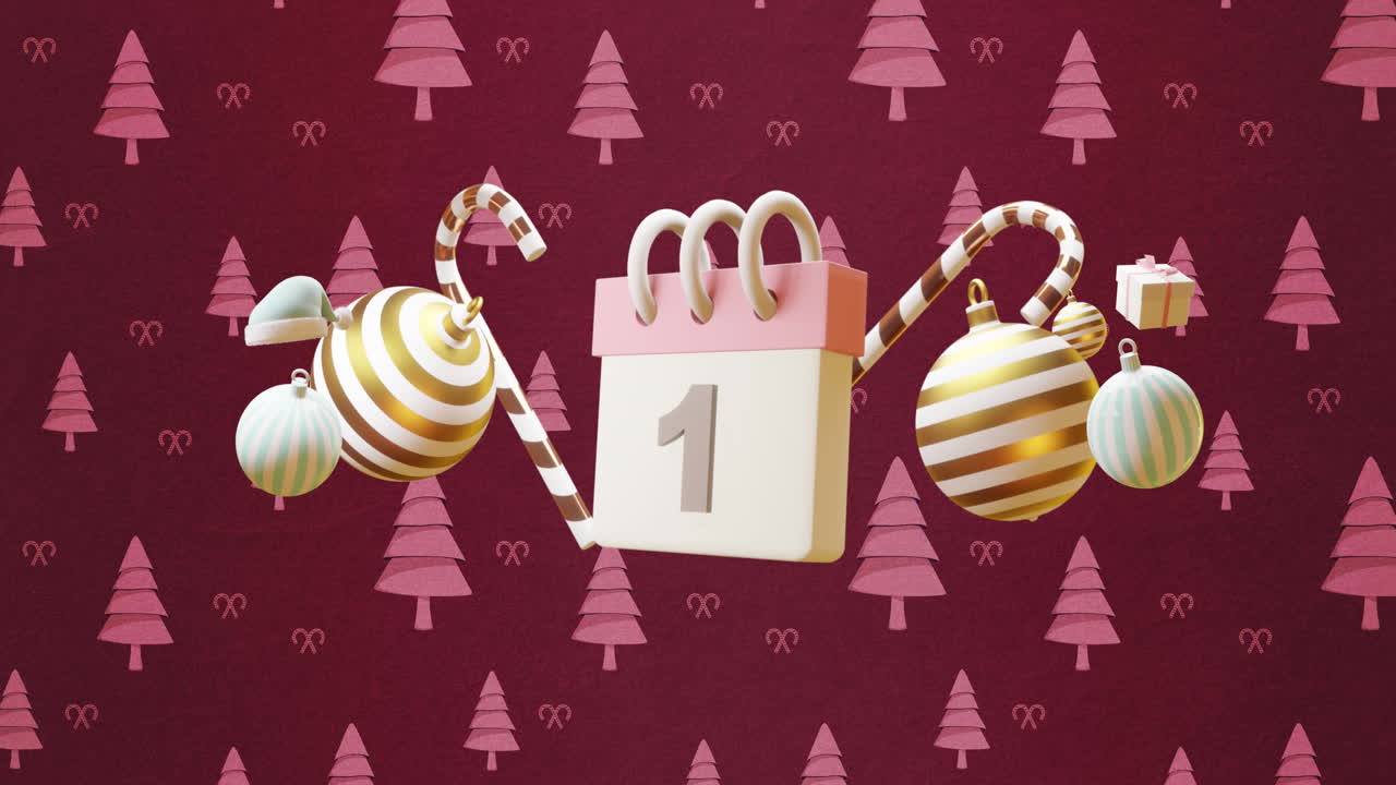 日付「1」のカレンダー、クリスマスデコレーション、そしてツリーのパターンが描かれたアニメーション。