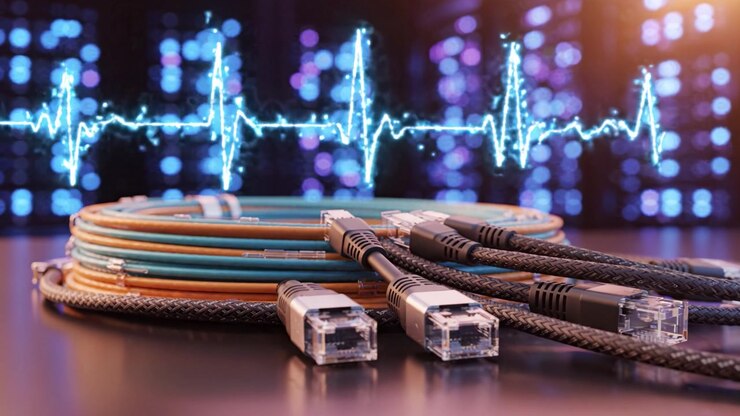 A Close-Up View of Network Cables Displaying Signal Waves, Highlighting Data Transmission with Colorful Connections on a Dark Background of Server Lights.