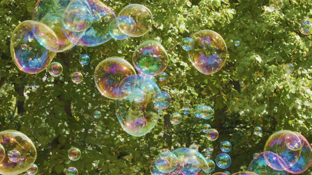 Colorful soap bubbles drift gently across a lush green park background, illuminated by natural sunlight. The camera remains steady, capturing a tranquil outdoor scene