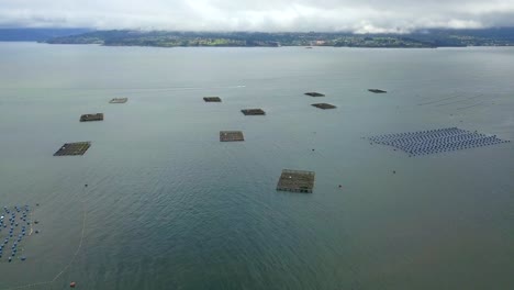 vuelo aéreo hacia delante revelando varios criaderos de mejillones en las costas de galicia, españa