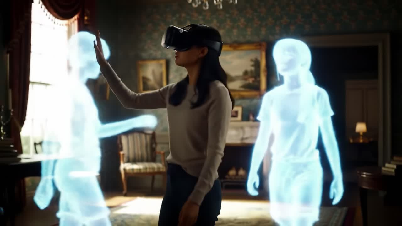 A woman engages with holographic figures while wearing virtual reality gear in a beautifully decorated living room. The room features classic furniture, adding to the immersive experience.