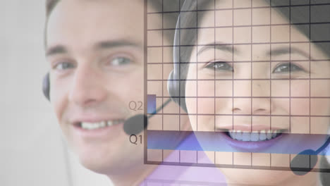 animation of statistics and data processing over business people wearing phone headsets