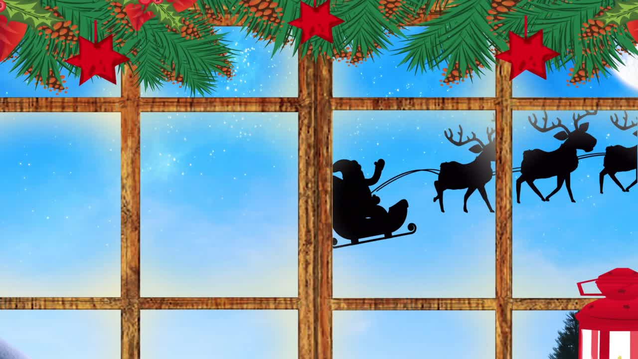 animación de santa claus en trineo con renos vistos a través de la ventana