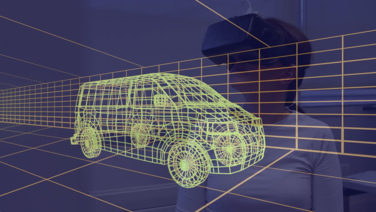 vr 헤드 ⁇ 을 착용한 여성에 대한 3d 자동차 그림의 애니메이션