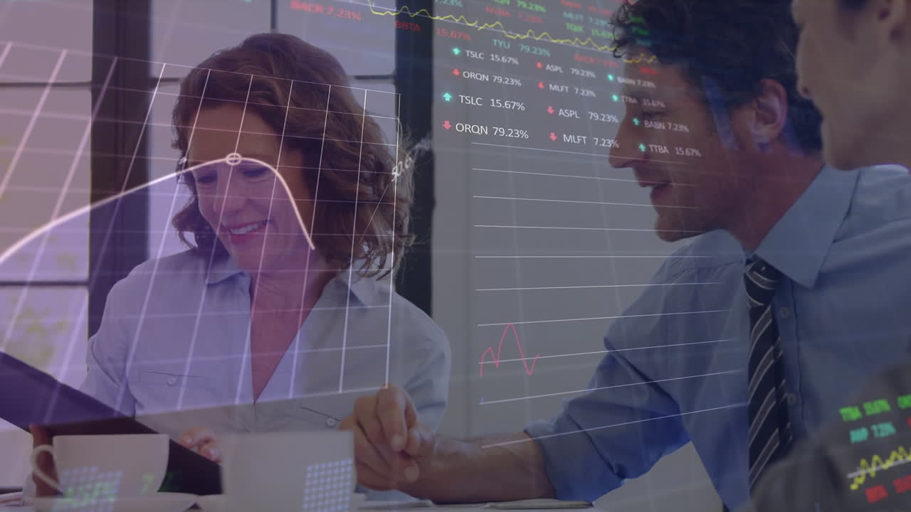 Animation of financial data processing over diverse group of business people