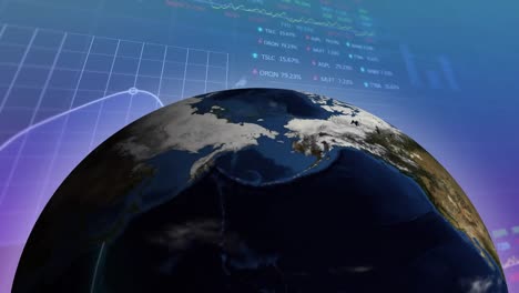 animation of spinning globe over statistical and stock market data processing on gradient background