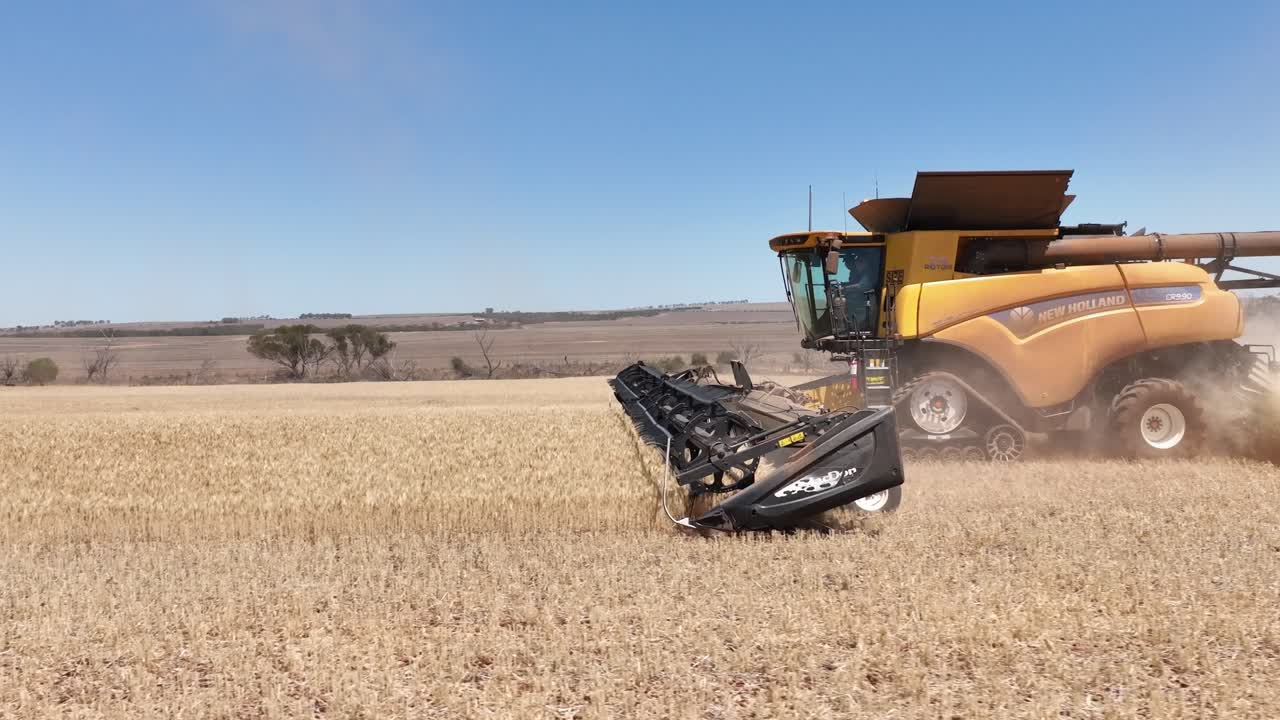 este material captura la sinergia de la tecnología agrícola moderna, mostrando el papel esencial de los frentes de cabecera en el proceso de cosecha de trigo