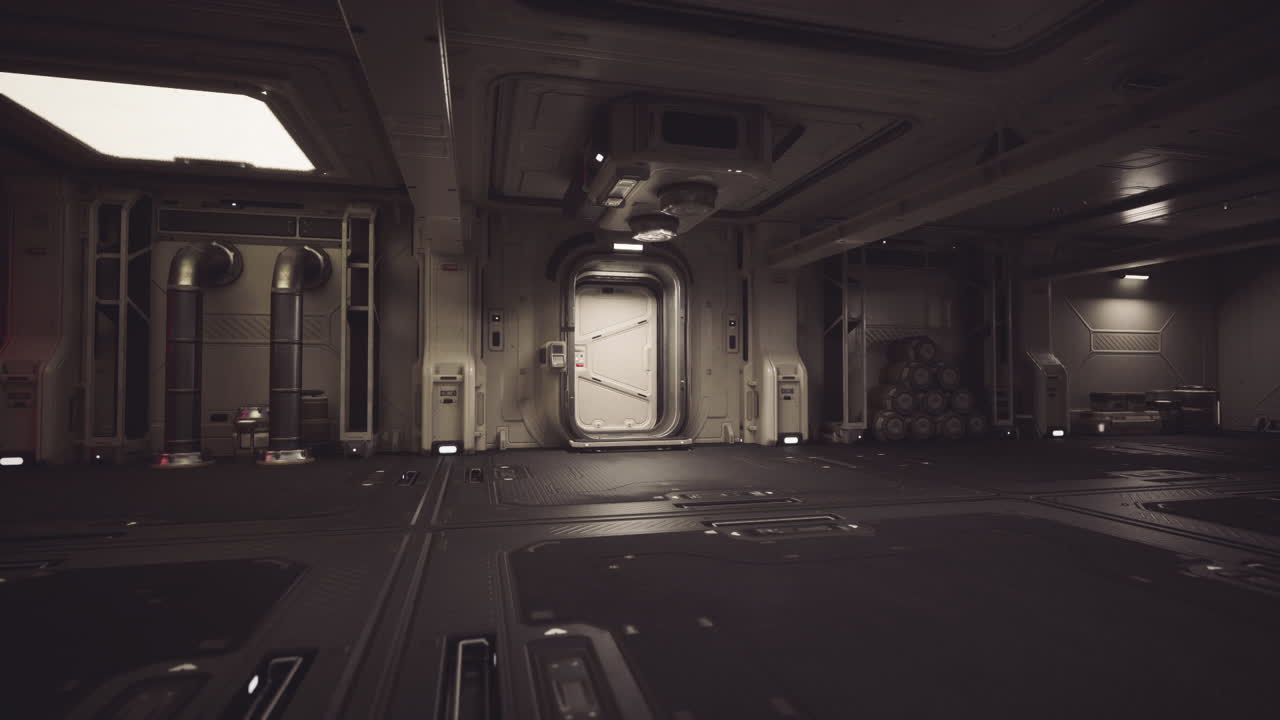 Interior of a futuristic space station showing equipment and storage areas