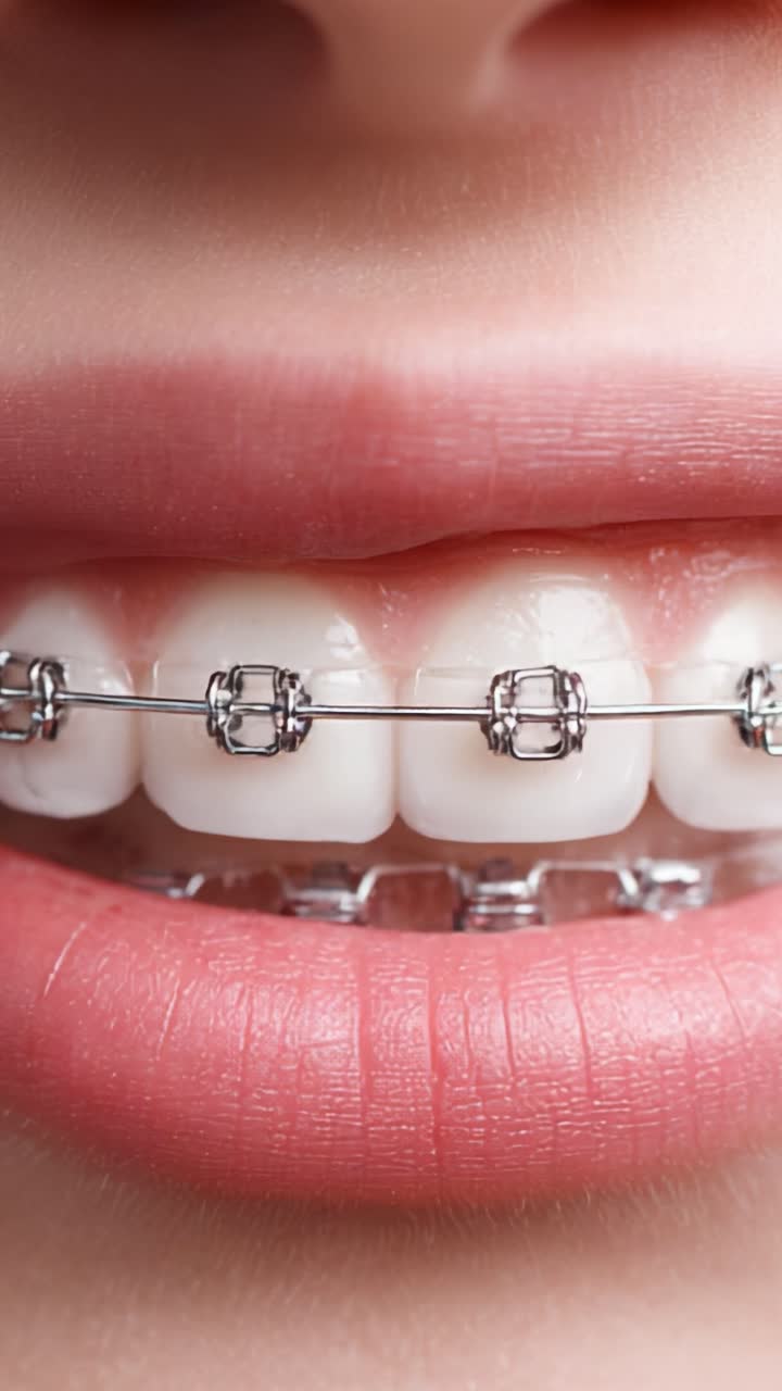 A Close-Up View of a Smile with Metal Braces Highlighting Excellent Dental Hygiene and Teeth Alignment for a Confident Expression