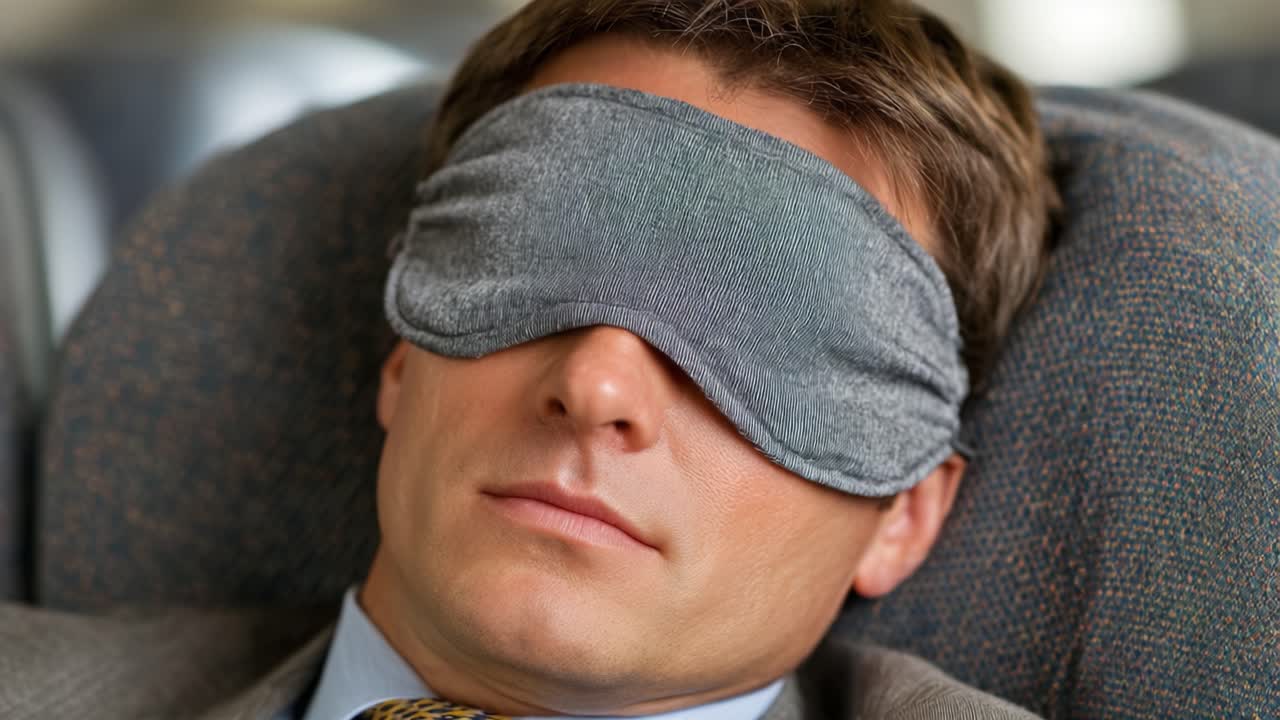 A businessman resting comfortably with a sleep mask on, showcasing the importance of relaxation and comfort during travel or downtime in a busy lifestyle