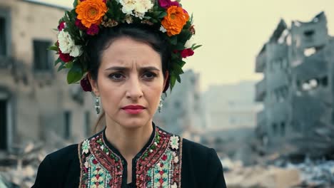 a ukrainian woman stands in front of a destroyed building wearing a flower crown.